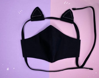 Fascia per orecchie di gatto nera e maschera facciale aderente con tasca per filtro