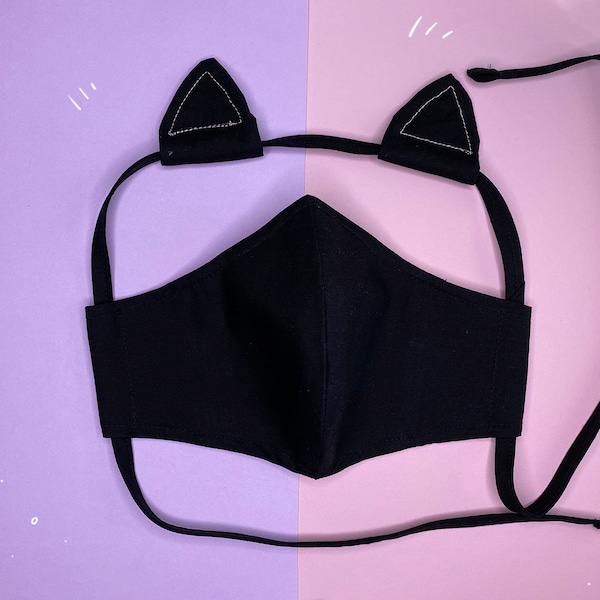 Schwarzes Katzenohren-Stirnband und angepasste Gesichtsmaske mit Filtertasche