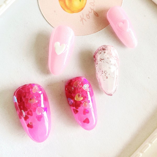 Pink Hearts Japanese Gel Press-on Nails