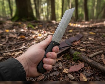 Handgemaakt Viking Seax-mes: lemmet van damaststaal, leren schede
