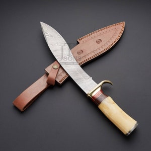 Handgeschmiedetes Damaststahl Kukri-Messer: Kamelknochengriff, Lederscheide