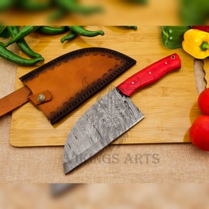 Personalized Damascus Steel Chef Cleaver Knife with Leather Sheath