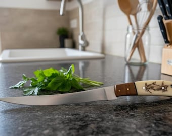 Gepersonaliseerde damaststalen fileermes en schede: handgemaakt handvat van palissander