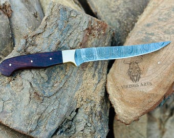 Handmade Damascus Steel Fishing Knife: Rosewood Handle, Leather Sheath