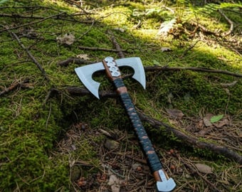 Hacha vikinga de doble filo hecha a mano: Hacha de batalla medieval con funda de cuero.