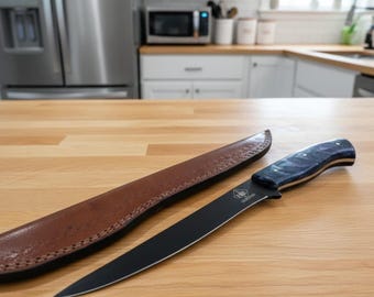 Gepersonaliseerde damaststalen fileermes: handgemaakt harshandvat, leren schede