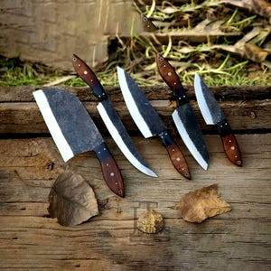 Handmade Carbon Steel Kitchen Knife set, 5 Piece Chef Knife,Collection With LeatherRoll,Cleaver,Butcher,Chef,Boning, Paring Knives.