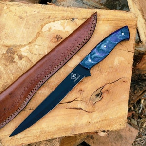 Personalized Damascus Steel Fillet Knife: Handmade Resin Handle, Leather Sheath