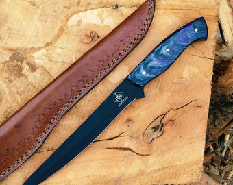 Personalized Damascus Steel Fillet Knife: Handmade Resin Handle, Leather Sheath