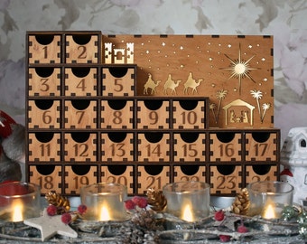 Adventskalender met lades Kerstmis voor kinderen tieners volwassen peuter cadeau licht houten decoratie kerststal