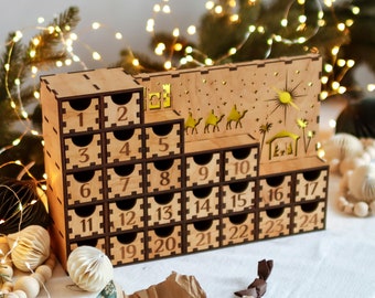 Advent Calendar with drawers Christmas Toddler Gift Light Wooden Decoration Nativity Scene