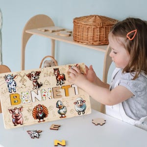 Toddler Gift Personalized Name Puzzle, Baby Boy Girl Birthday Baptism Gift, Animals Nursery Decor, Kids Wooden Montessori Sesnory Toys