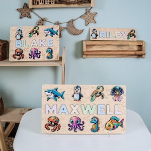 Personalized Wooden Name Puzzle, Custom Name Puzzle for Baby Boy Girl, Baby Gift Busy Board with Animals, Toddler Montessori toys 1 2 3 year