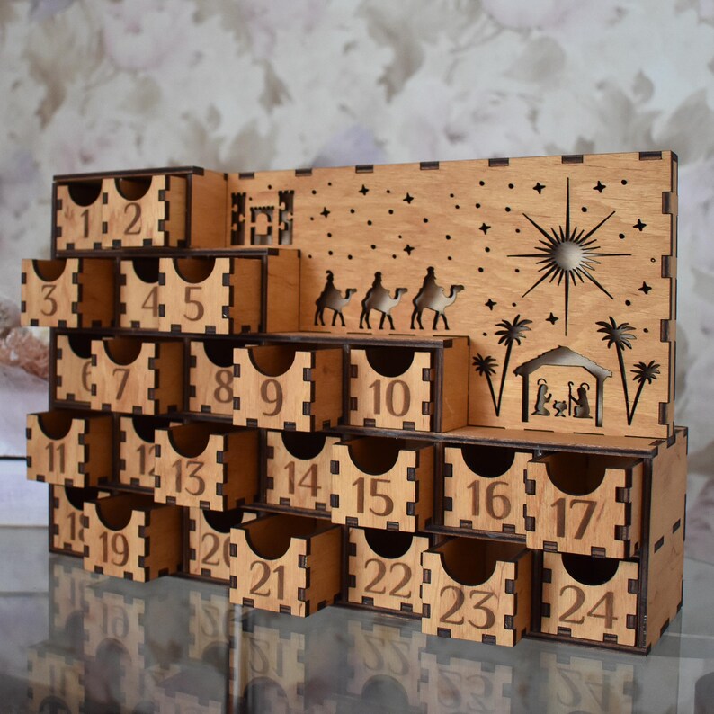 Wooden Advent Calendar for Kids Adult, Christmas Village Decor Home