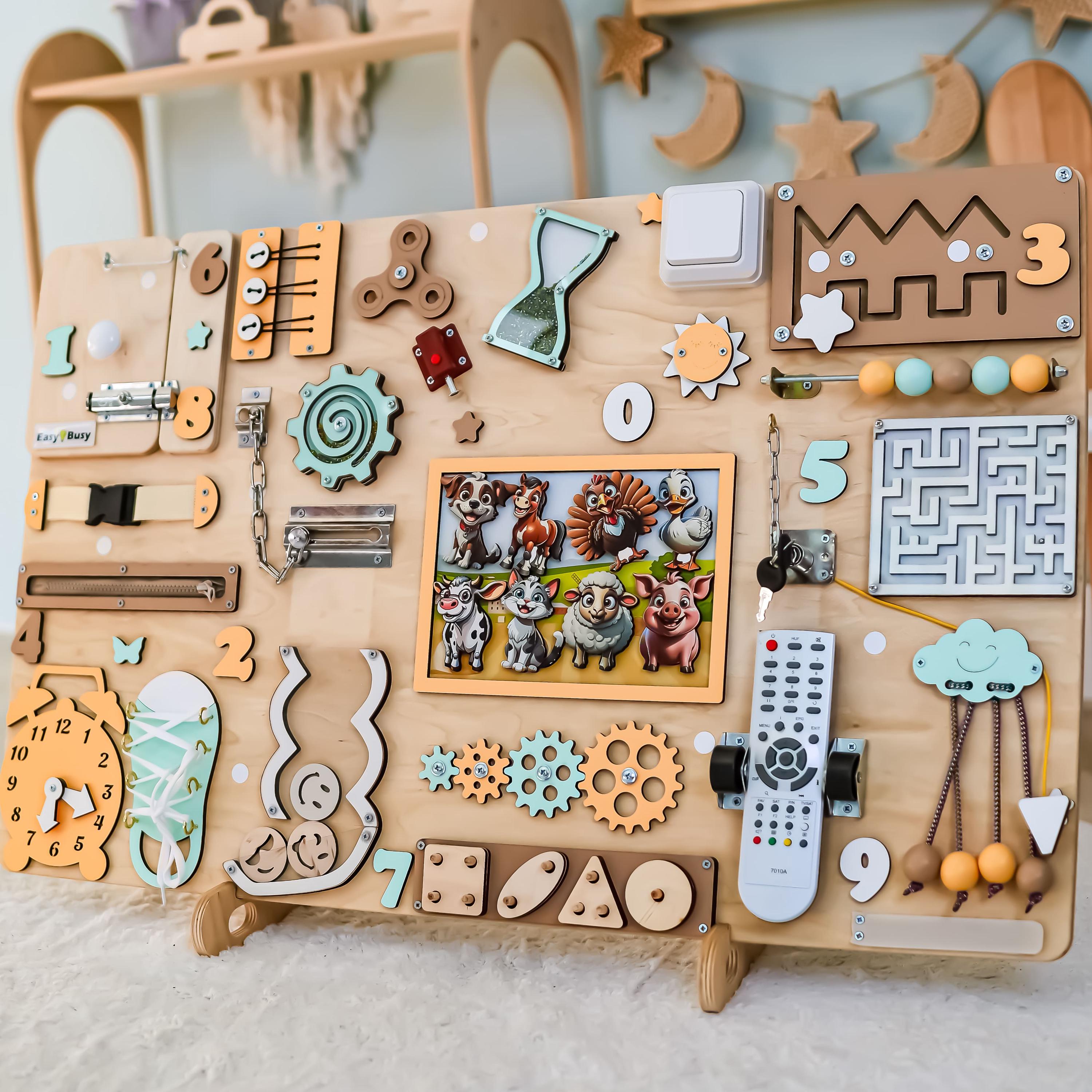 Fidget busy board 1 2 3 year old, First birthday gift, Toddler busyboard, Busy boards baby, Montessori activity board, Wooden sensory board