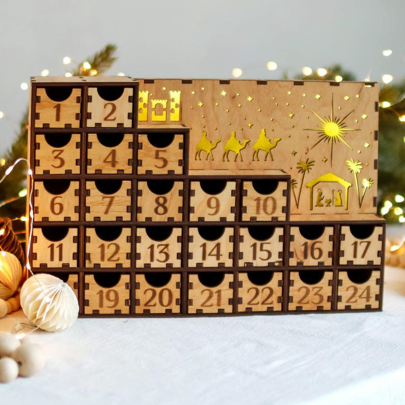 Wooden Advent Calendar for Kids Adult, Christmas Village Decor Home