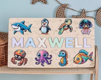 Personalized Ocean Wooden Name Puzzle, Montessori activity Toy
