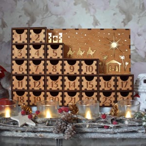 Personalized Advent calendar Nativity Scene with drawers, Christmas Wooden Advent calendars for kids adults, Countdown Christmas Boxes