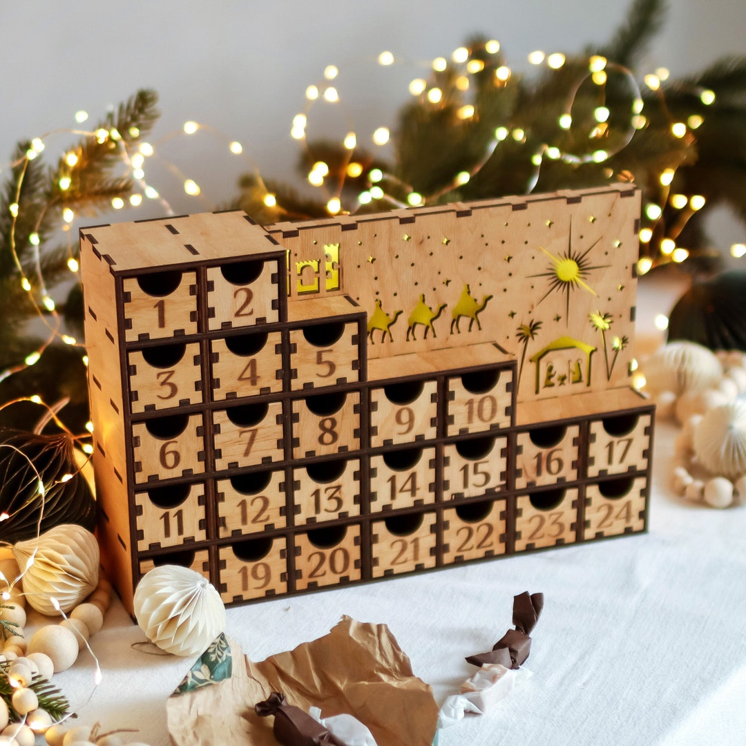 Wooden Advent Calendar With Drawers for Kids Teens Adult Christmas Home