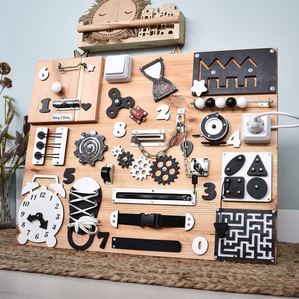 Fidget Busy Board 1 2 3 Jahre alt, Erster Geburtstag Geschenk, Kleinkind Busy Board, Montessori Aktivitätsboard, Holz Sensorik Board