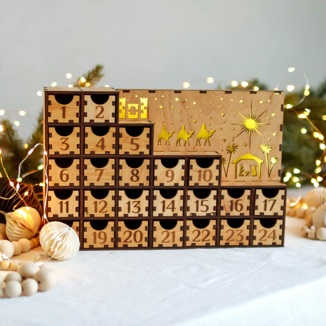 Wooden Advent Calendar With Nativity Scene Christmas Decor and Gift for