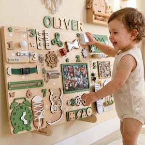 Personalized Busy Board: Montessori Toddler Activities, Wooden Sensory Play Toy