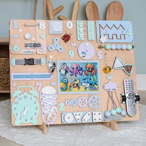 Grande planche océan occupée jouet Montessori pour tout-petit, cadeau unique pour bébé garçon fille, décoration de chambre d'enfant bleu mer, planche d'activités personnalisées, 1 2 3 ans