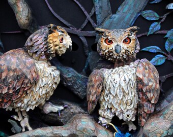 Kissing Owls Automata. Custom woodland scene with oil painted and hand carved mechanical birds and animals. Kinetic sculpture.