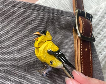 Goldfinch Brooch, hand painted mechanical bird for Shirts, Sweaters, Antique Vintage Pin, Nature Lover Accessory, gift for her.