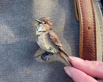 Pewee Brooch, handmade mechanical bird pin for Shirts, Sweaters, Nature Lover Accessory, Antique Vintage Pin, hand painted gift for her.