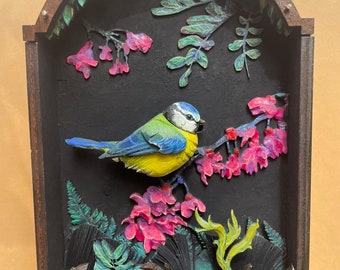 Blue Tit Automaton. Oil painted mechanical bird, kinetic hand carved sculpture.
