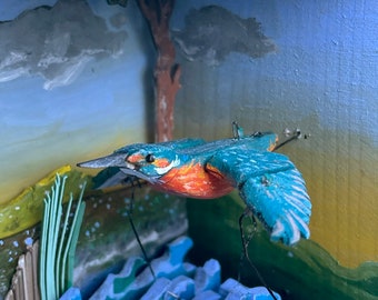 Kingfisher Automata. Oil painting and bird flying over river beside a woodland scene, kinetic sculpture made from wood. Custom option.