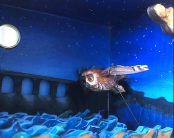 Owl Automaton. Oil painting and bird flying over river beside a starry night, hand cranked kinetic sculpture made from wood. Custom option.