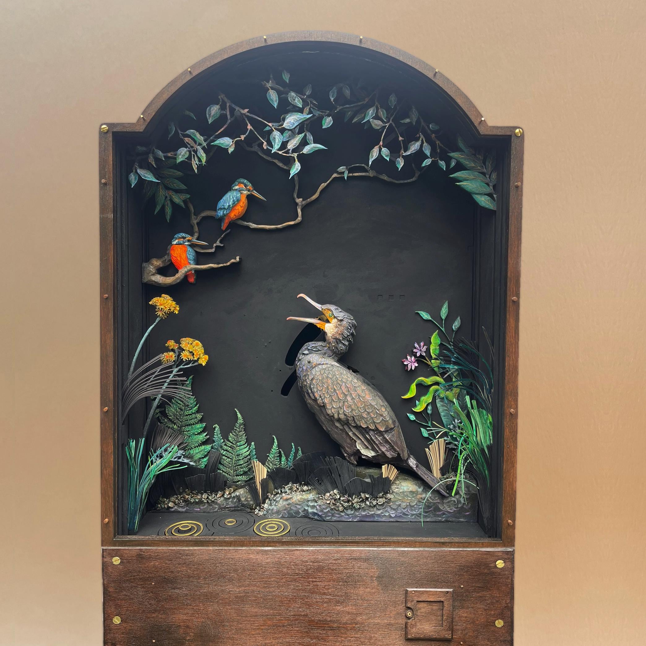 Riverside Automata. Custom river scene with oil painted and hand carved mechanical birds and fish. Kinetic sculpture.