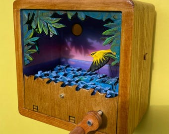Golden Oriole Automaton. Oil painting and bird flying over a river, kinetic sculpture made from wood. Custom option.