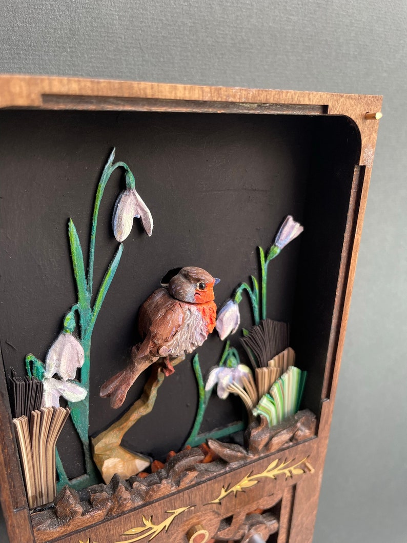 Miniature Robin Automaton. Oil painted mechanical bird, kinetic hand carved sculpture. image 4