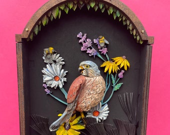 Common Kestrel Automaton. Oil painted mechanical bird, kinetic hand-carved sculpture.