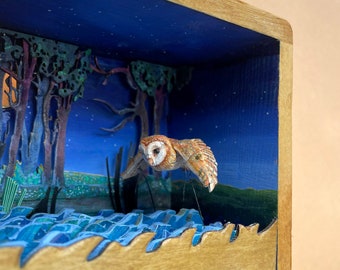 Barn Owl Automaton. Oil painting and bird flying over river beside a woodland scene, kinetic sculpture made from wood. Custom option.