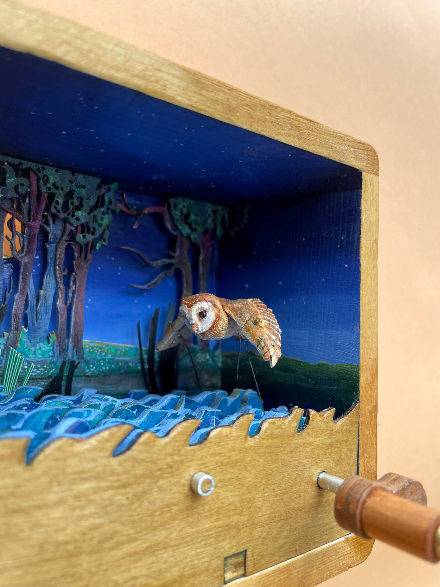 Barn Owl Automaton. Oil Painting and Bird Flying Over River Beside