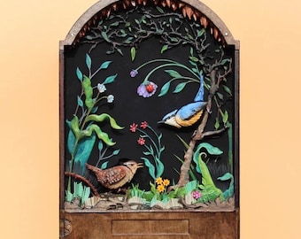 Spoils of Spring Automaton. Oil painted mechanical birds, kinetic sculpture of a hand carved nuthatch and wren.