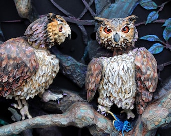 Kissing Owls Automata. Custom woodland scene with oil painted and hand carved mechanical birds and animals. Kinetic sculpture.