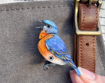 Eastern Blue Bird Brooch, handmade mechanical pin for Shirts, Sweaters, Coat lapels, Nature Accessory, Vintage Pin, painted gift for her.