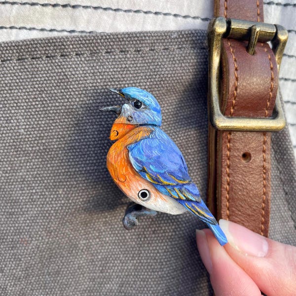 Eastern Blue Bird Brooch, handmade mechanical pin for Shirts, Sweaters, Coat lapels, Nature Accessory, Vintage Pin, painted gift for her.