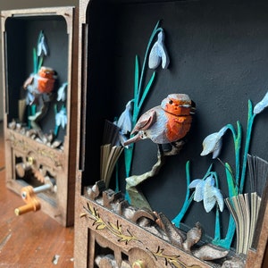 Miniature Robin Automaton. Oil painted mechanical bird, kinetic hand carved sculpture. image 5