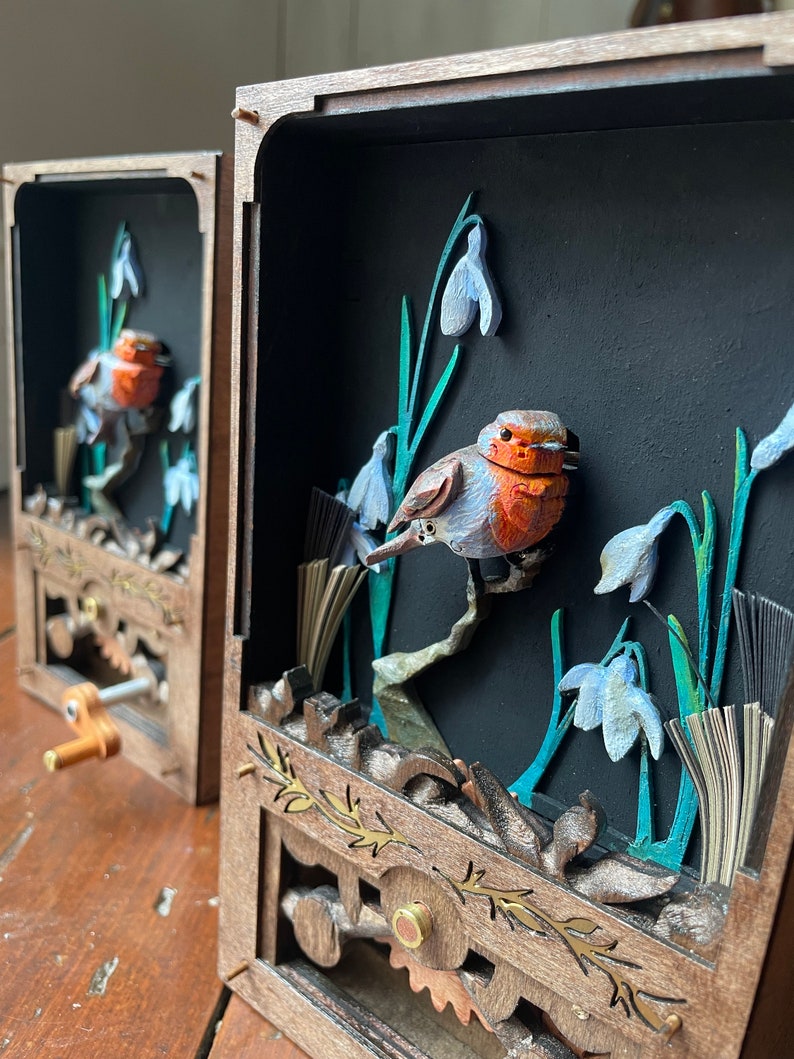 Miniature Robin Automaton. Oil painted mechanical bird, kinetic hand carved sculpture. image 5