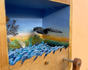 Crow Automata. Oil painting and bird flying over river on a winter morning, kinetic sculpture made from wood. Custom option.