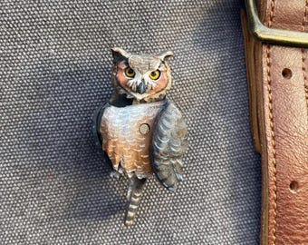 Horned Owl Bird Brooch, handmade mechanical pin for Shirts, Sweaters, Nature Lover Accessory, Antique Vintage Pin, painted gift for her.