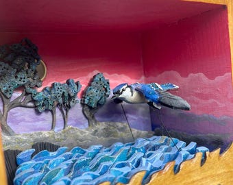 Blue Jay Automaton. Oil painting and bird flying over a river, kinetic sculpture made from wood. Custom option.