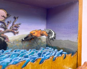 Hoopoe Automaton. Oil painting and bird flying over a river, kinetic sculpture made from wood. Custom option.