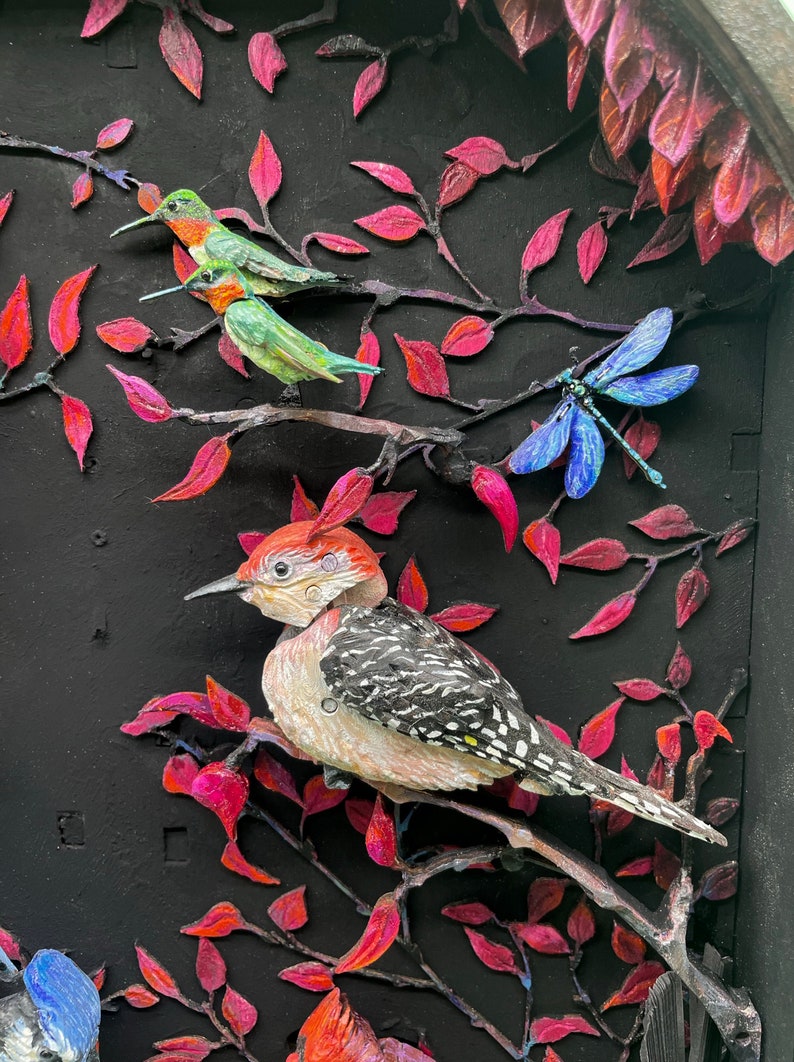Birds of the Burning Bush Automata. Custom scene with oil painted and hand carved mechanical birds. Kinetic sculpture. image 2